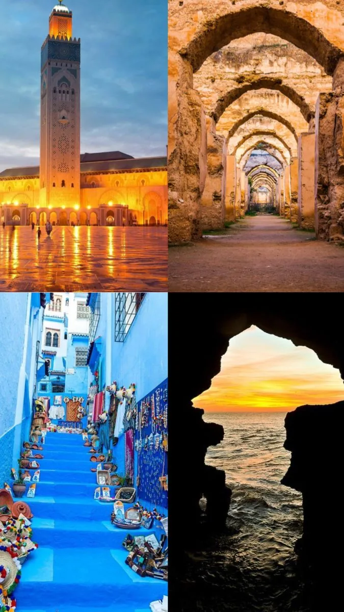 Morocco travel collage including Chefchaouen blue streets