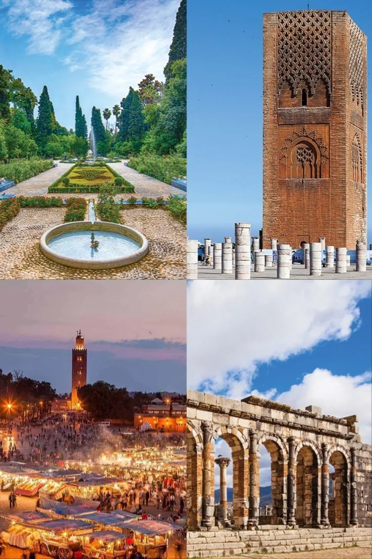 Morocco travel collage with gardens, a minaret, city and heritage sites